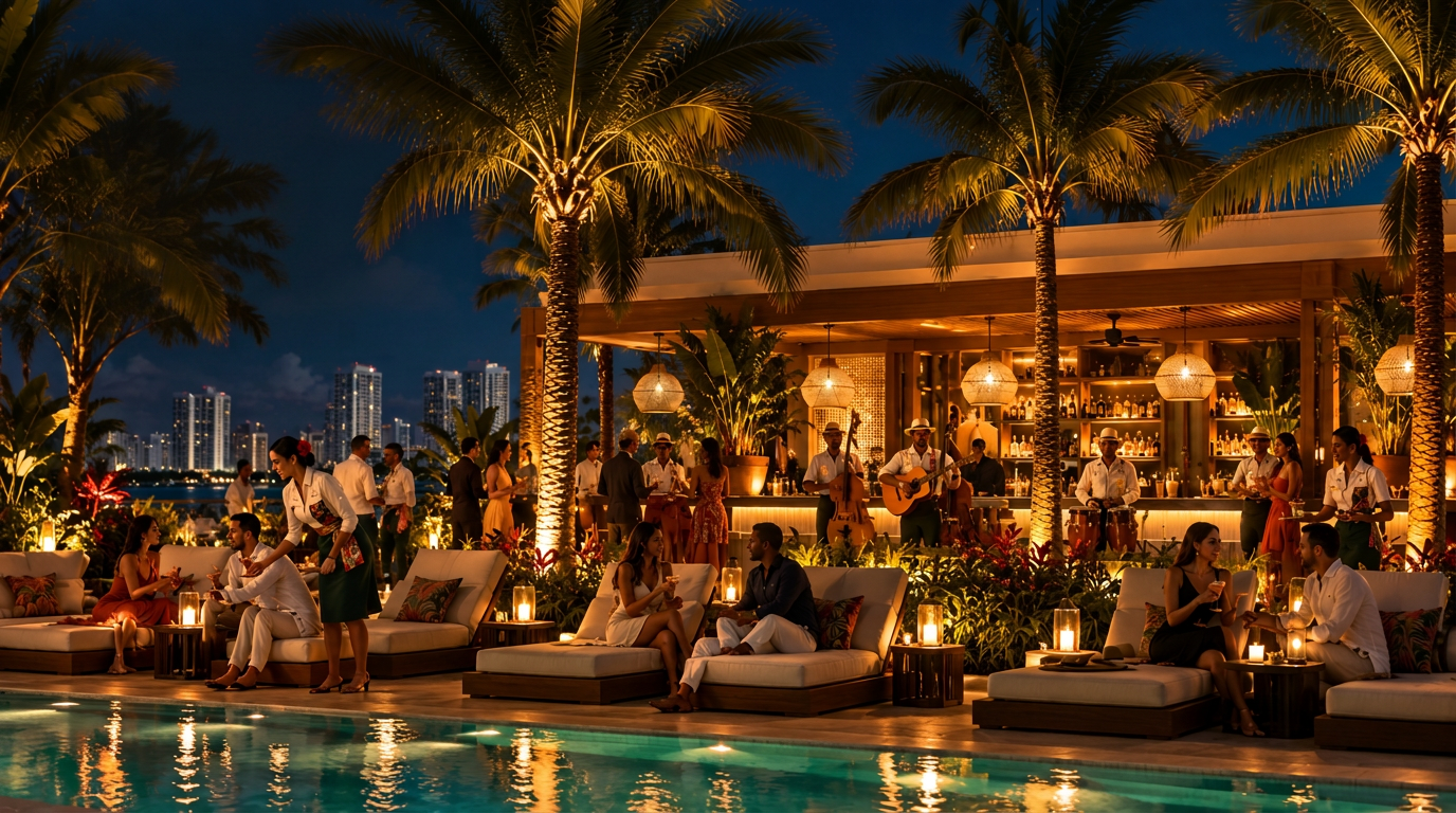 VIDA Pool Club at night with live music, lit palm trees and the Miami skyline